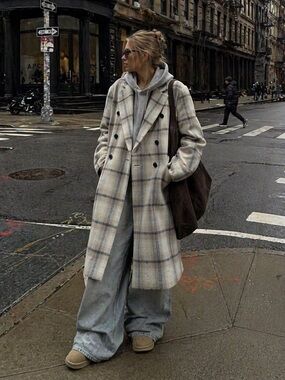 Ski by Tannin Plaid Wool Blend Coat White Check Double Breasted Oversized nwt